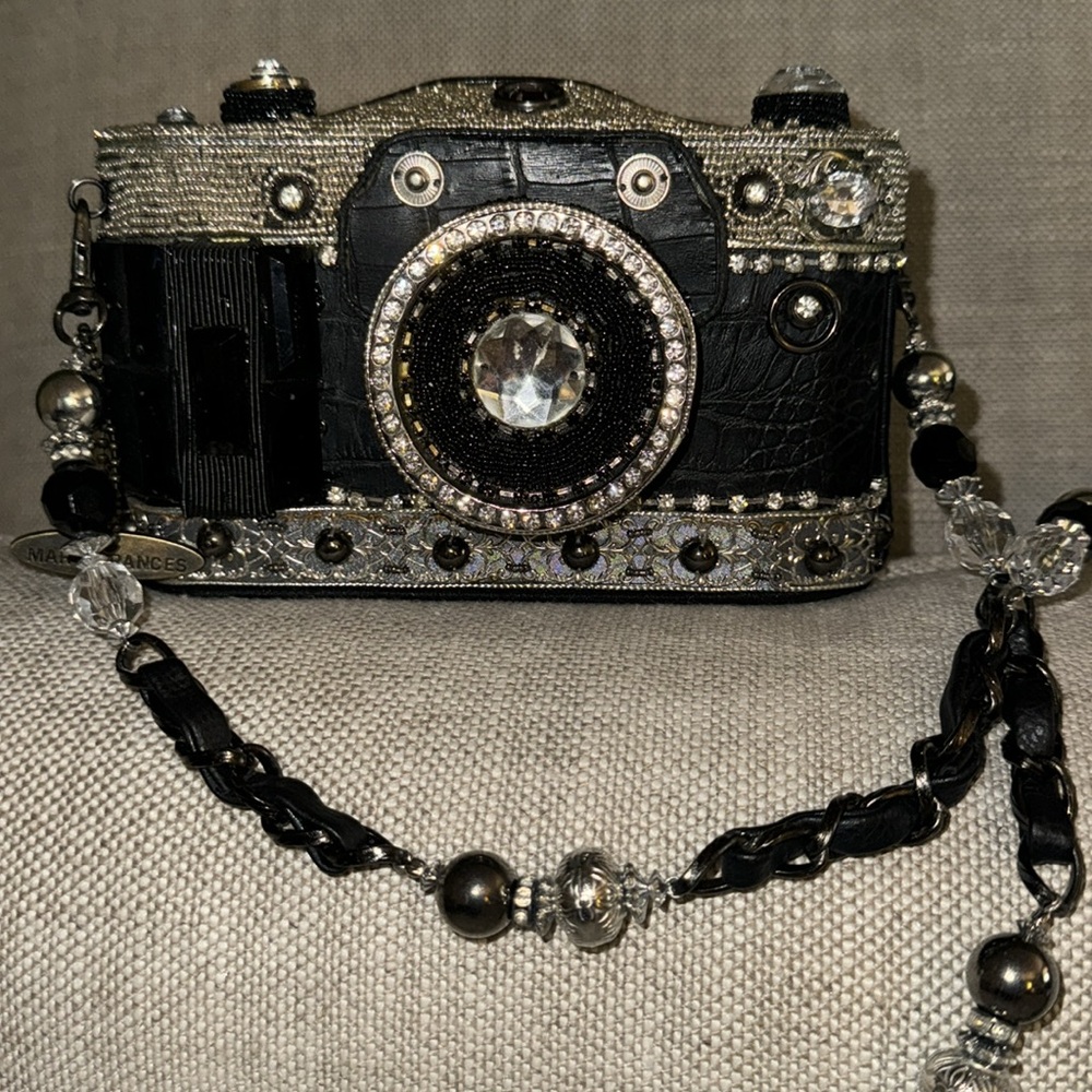Mary Frances Camera Evening Bag Purse & Strap Excellent Black & Silver